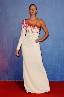 ria antoniou red beadings one long sleeve celebrity dress venice film festival 2016