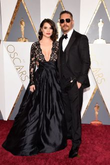 charlotte riley plunging black lace and satin sheer long sleeve gown oscars 2016