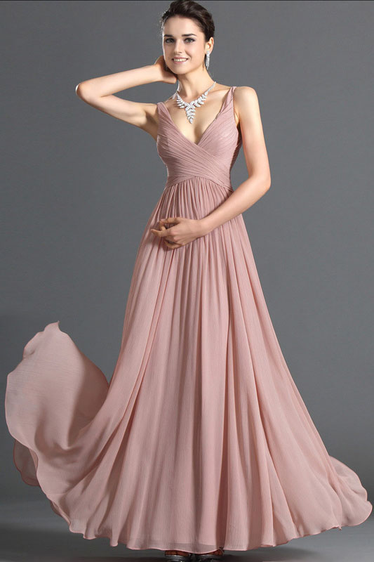 pleated dusty pink chiffon v neck sleeveless a line long prom dress